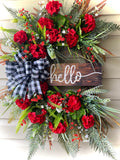 32" Hello Red Geranium Wreath-Buffalo Check