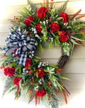 32" Red Geranium Wreath - With Mixed Greenery and Buffalo Check Ribbon