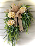 32" Saw Grass and Hydrangea Wreath-Bulap Bow