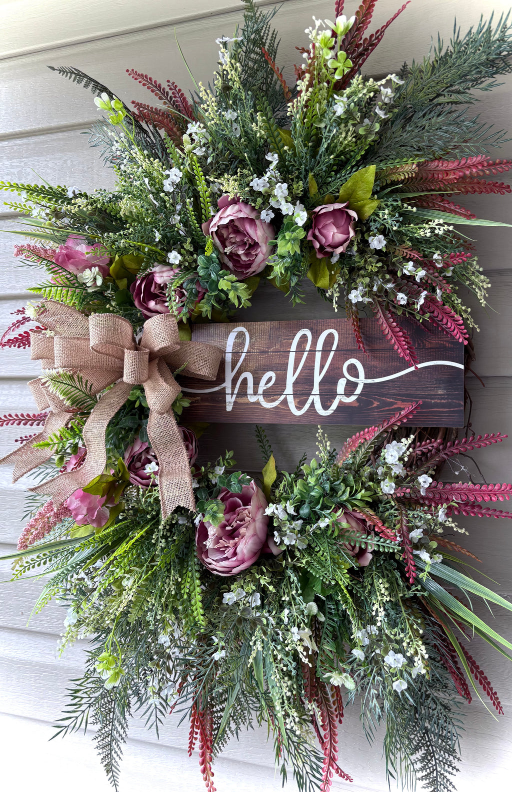 Hello Peony Wreath with Mixed Greenery and Burlap Bow