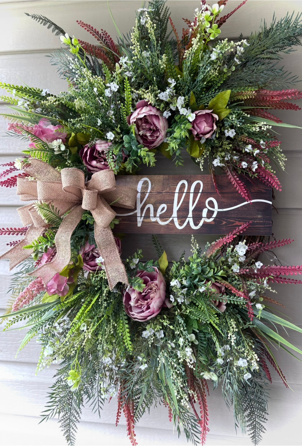 Hello Peony Wreath with Mixed Greenery and Burlap Bow