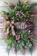 Hello Peony Wreath with Mixed Greenery and Burlap Bow